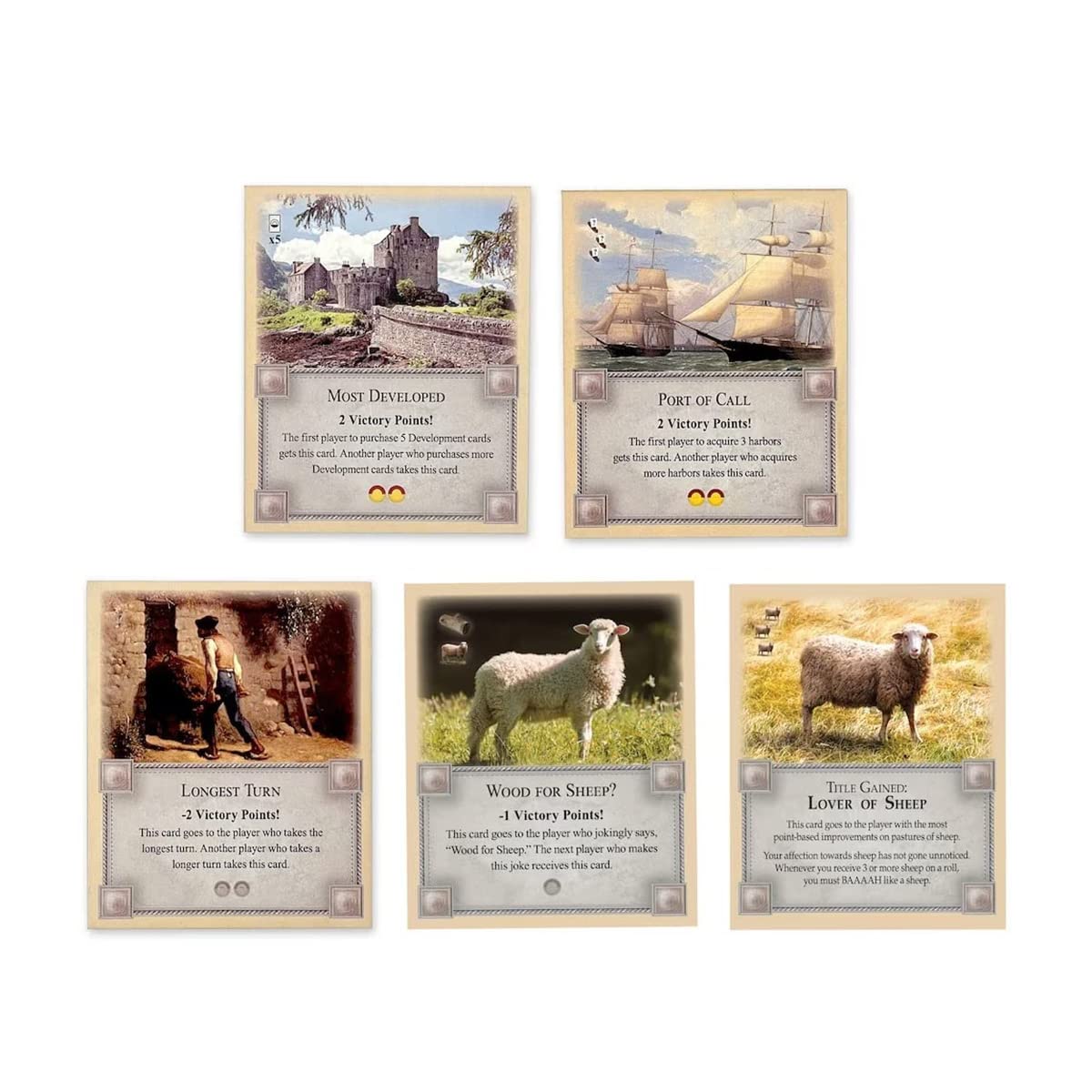 5-Pack Bonus Cards: Longest Turn, Wood for Sheep, Most Developed, Lover of Sheep and Port of Call compatible with Catan's Settlers of Catan and Expansions