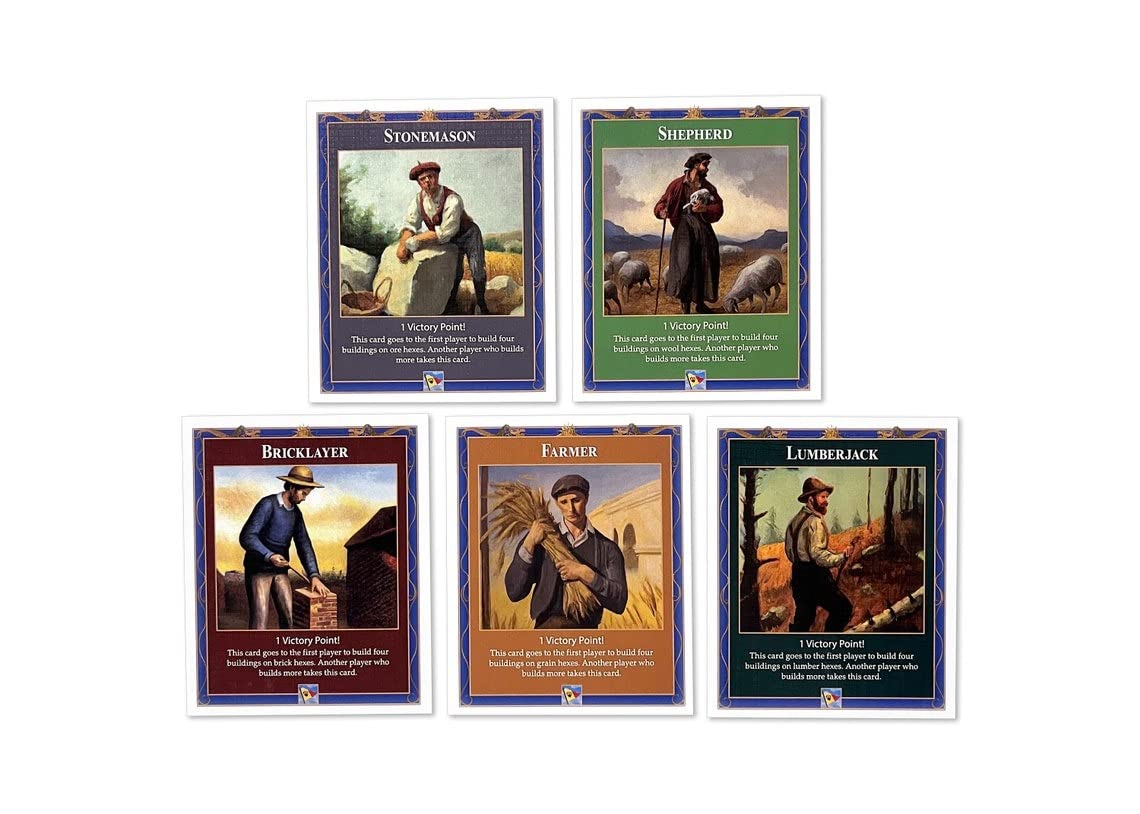 Professions Victory Point Cards, Bricklayer, Stonemason, Farmer, Shepherd, Lumberjack, compatible with Catan's Settlers of Catan 4th Edition, Seafarers and Catan Expansions