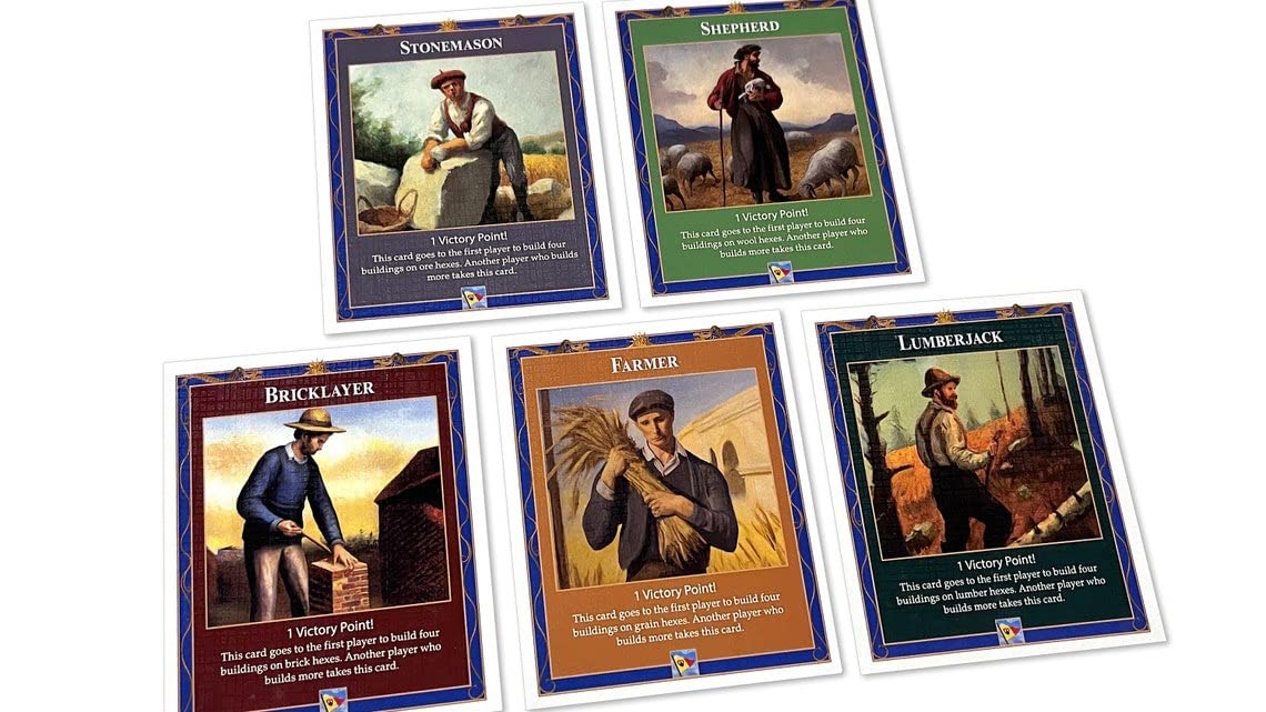 Professions Victory Point Cards, Bricklayer, Stonemason, Farmer, Shepherd, Lumberjack, compatible with Catan's Settlers of Catan 4th Edition, Seafarers and Catan Expansions