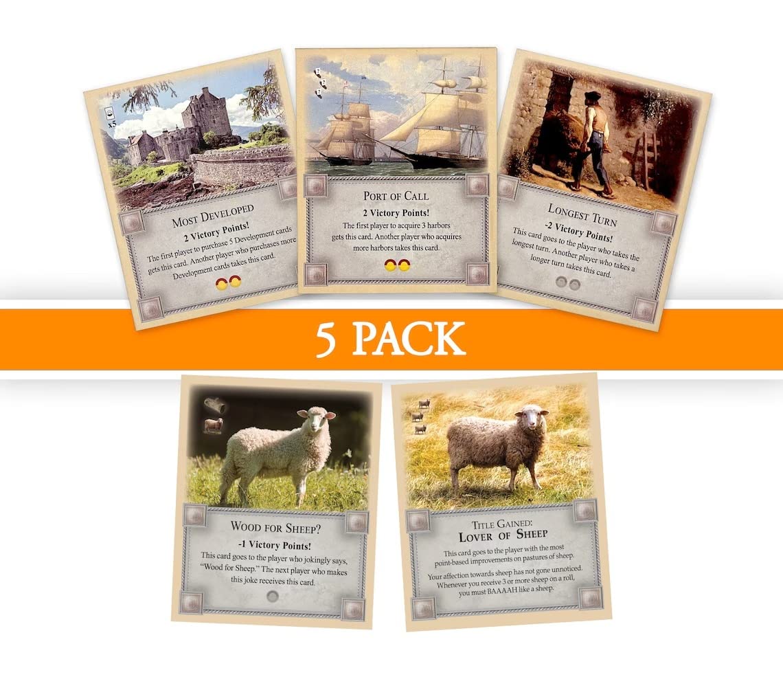 5-Pack Bonus Cards: Longest Turn, Wood for Sheep, Most Developed, Lover of Sheep and Port of Call compatible with Catan's Settlers of Catan and Expansions