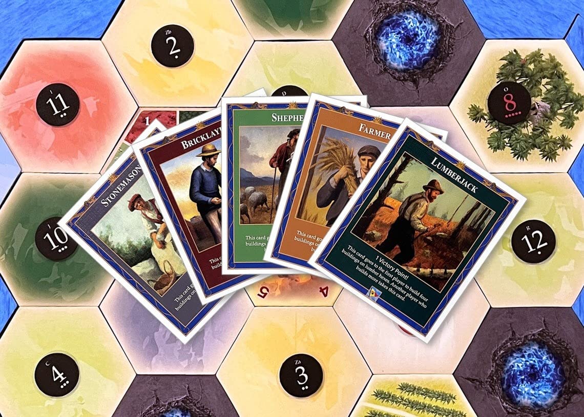 Professions Victory Point Cards, Bricklayer, Stonemason, Farmer, Shepherd, Lumberjack, compatible with Catan's Settlers of Catan 4th Edition, Seafarers and Catan Expansions