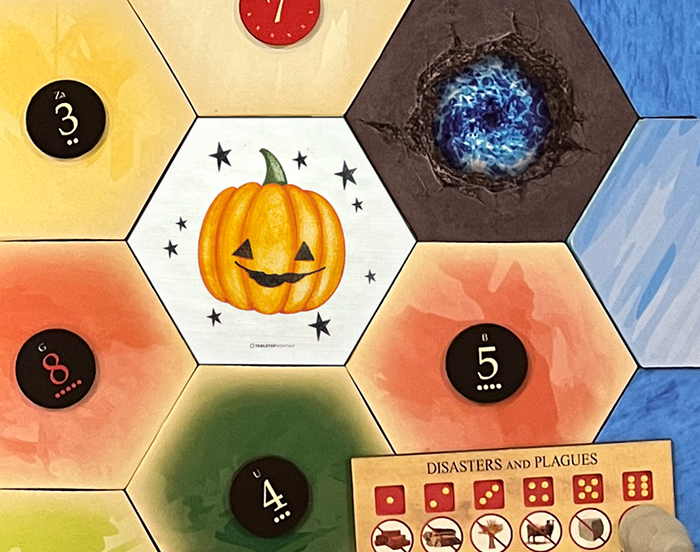 Trick or Treat Halloween Scenario Hex and Pumpkin Meeple Tokens Holiday Expansion compatible with Catan's Settlers of Catan