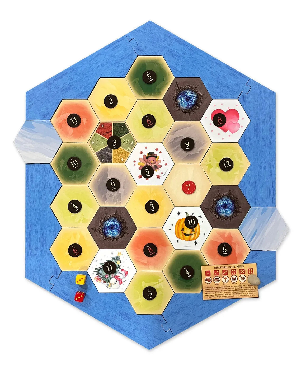 Trick or Treat Halloween Scenario Hex and Pumpkin Meeple Tokens Holiday Expansion compatible with Catan's Settlers of Catan
