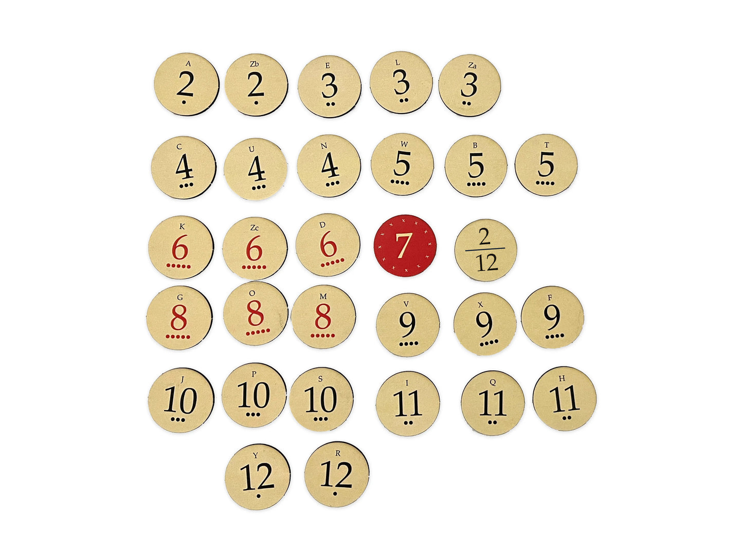 Replacement Number Tokens with Roll Chance Indicator compatible with Catan's Settlers of Catan 5-6 Player Extension