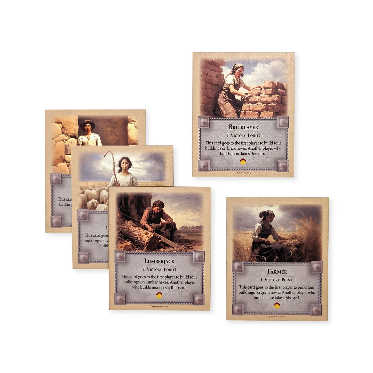 Professions Victory Point Cards, Bricklayer, Stonemason, Farmer, Shepherd, Lumberjack, compatible with Catan's Settlers of Catan 5th Edition, Seafarers and Catan Expansions