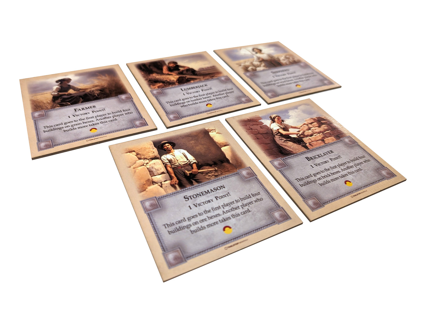 Professions Victory Point Cards, Bricklayer, Stonemason, Farmer, Shepherd, Lumberjack, compatible with Catan's Settlers of Catan 5th Edition, Seafarers and Catan Expansions