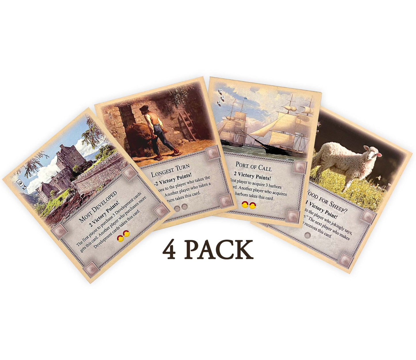 4-Pack Bonus Cards: Longest Turn, Wood for Sheep, Most Developed and Port of Call compatible with Catan's Settlers of Catan and Expansions