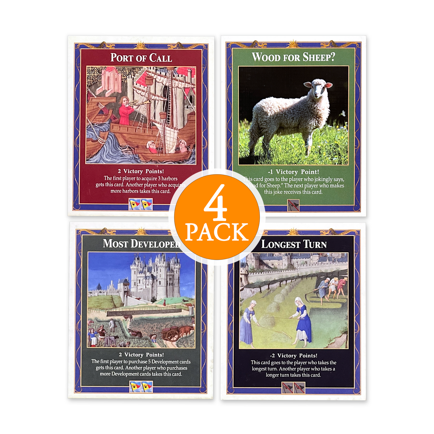 4-Pack Bonus Cards: Longest Turn, Wood for Sheep, Most Developed and Port of Call compatible with Catan's Settlers of Catan (4th Edition) and Expansions