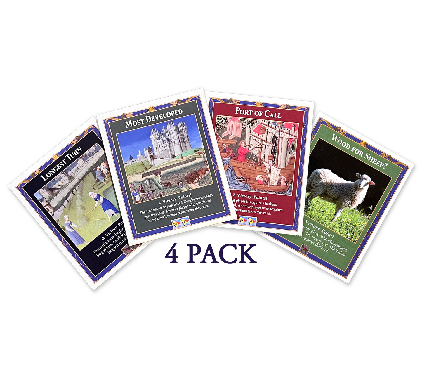 4-Pack Bonus Cards: Longest Turn, Wood for Sheep, Most Developed and Port of Call compatible with Catan's Settlers of Catan (4th Edition) and Expansions