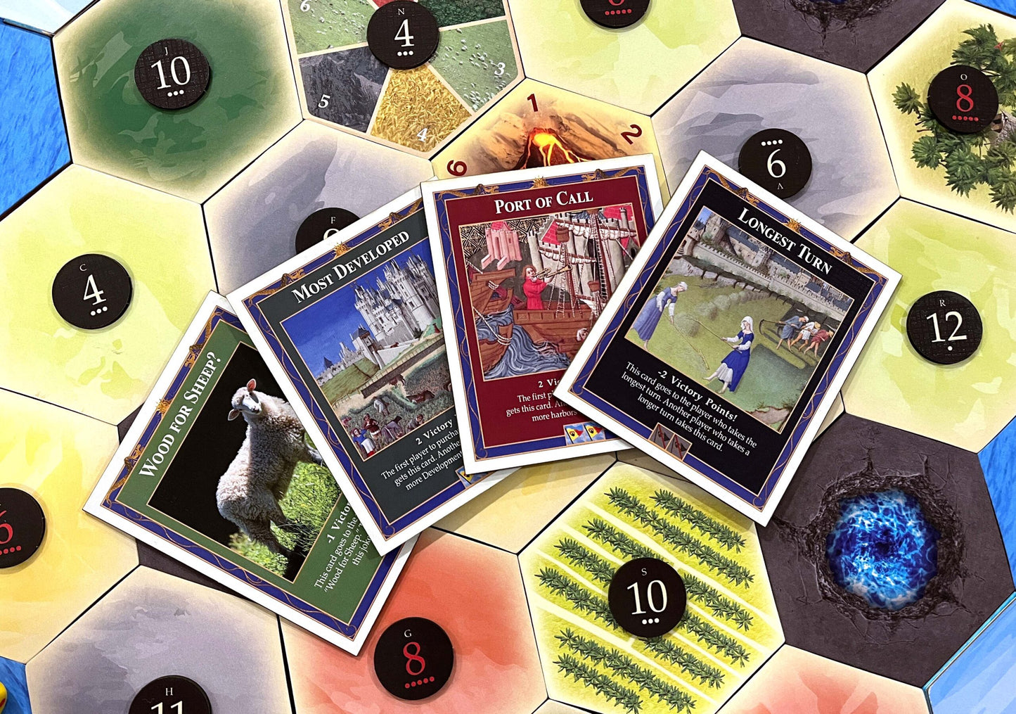 4-Pack Bonus Cards: Longest Turn, Wood for Sheep, Most Developed and Port of Call compatible with Catan's Settlers of Catan (4th Edition) and Expansions