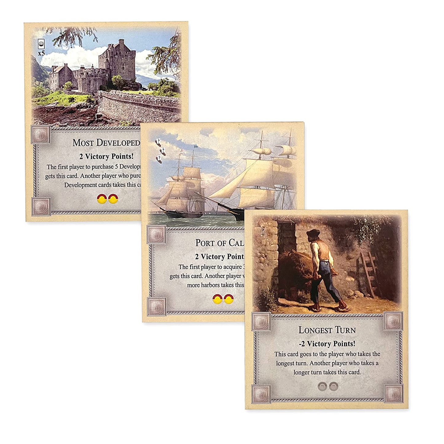 3-Pack Bonus Cards: Longest Turn, Port of Call and Most Developed compatible with Catan's Settlers of Catan and Catan Expansions