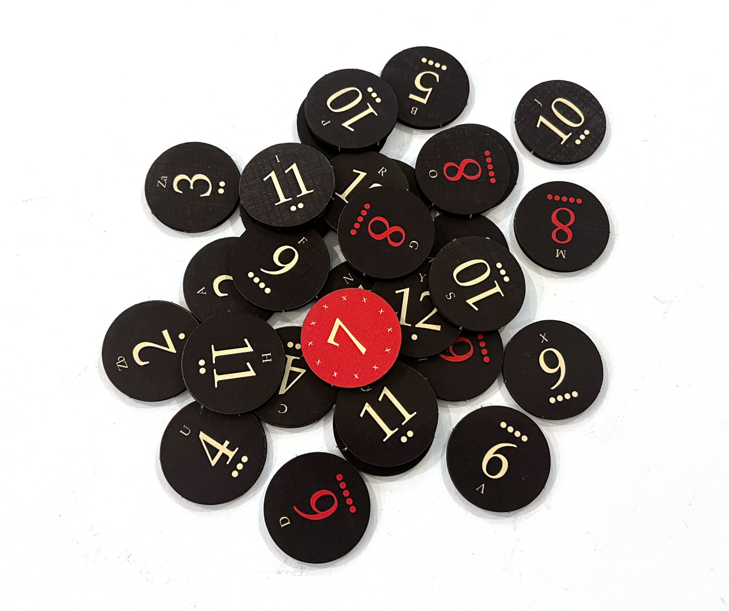 Dark Mode Replacement Number Tokens with Alphabet and Roll Chance Indicator compatible with Catan's Settlers of Catan 5-6 Player Extension