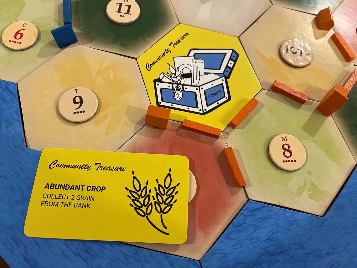 Community Treasure Chest Hex and Card Deck Scenario compatible with Catan's Settlers of Catan, Seafarers, Cities and Knights and Catan Expansions