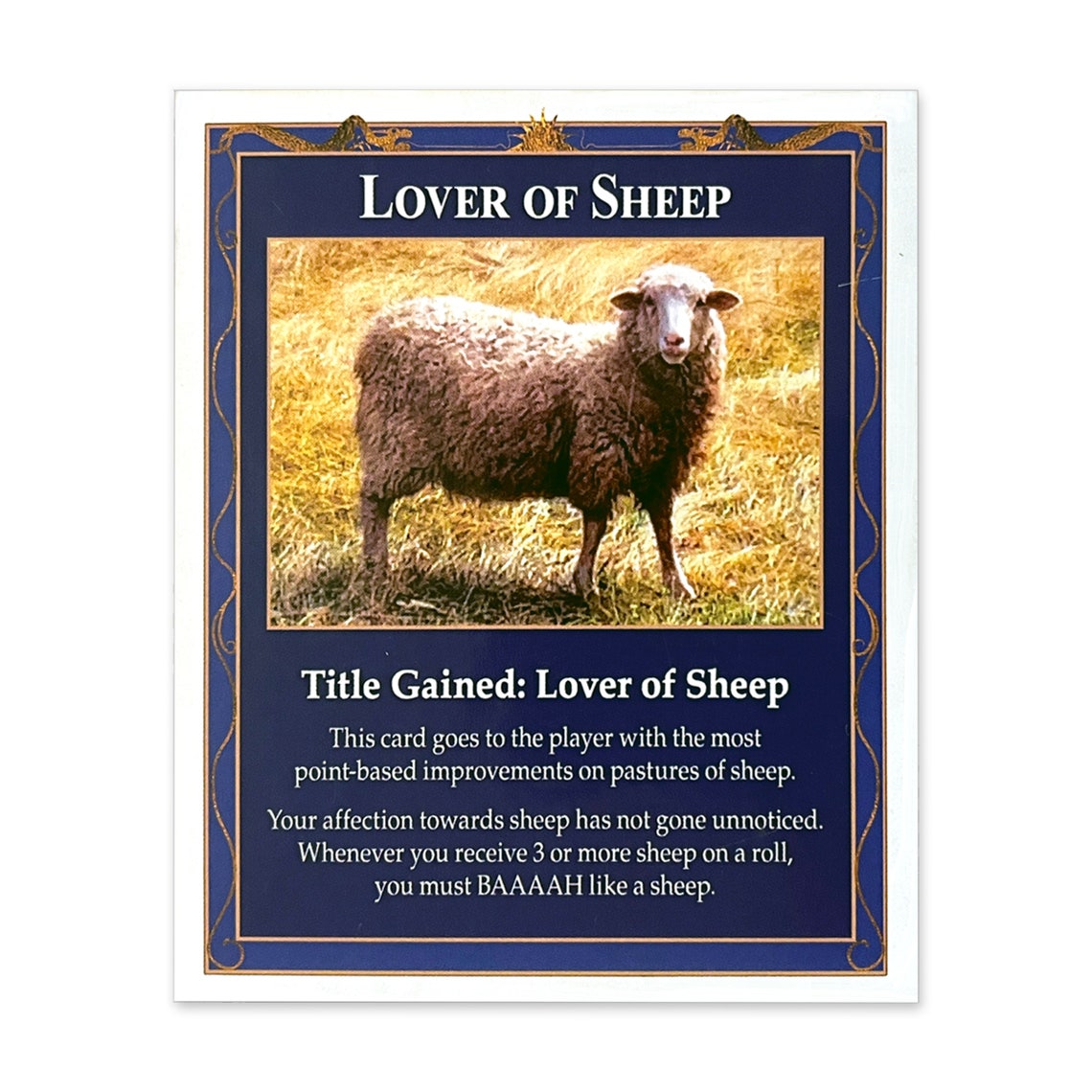 Lover of Sheep Title Gained Card compatible with Catan's Settlers of Catan (4th Edition) and Catan Expansions