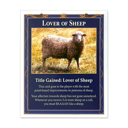 Lover of Sheep Title Gained Card compatible with Catan's Settlers of Catan (4th Edition) and Catan Expansions