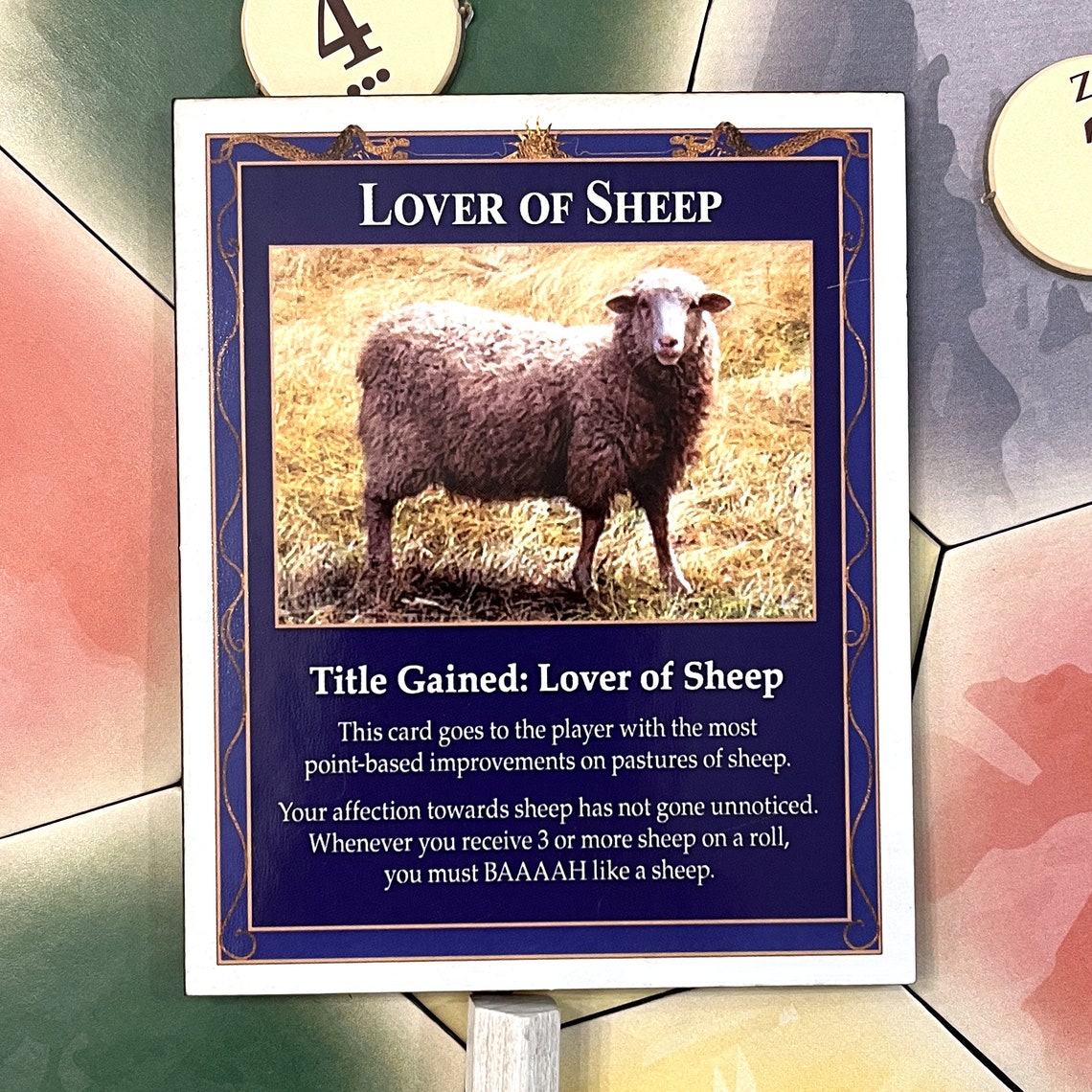 Lover of Sheep Title Gained Card compatible with Catan's Settlers of Catan (4th Edition) and Catan Expansions