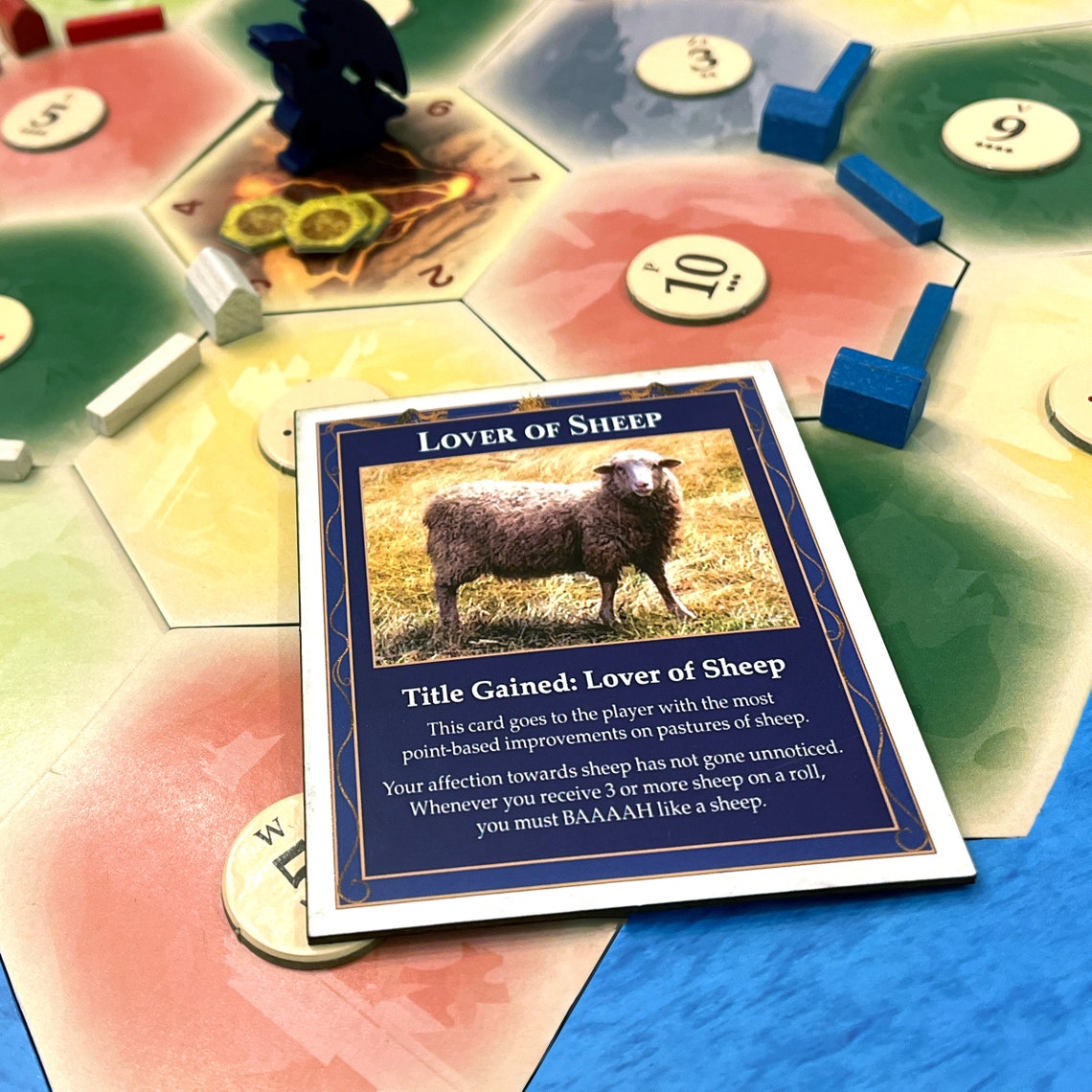 Lover of Sheep Title Gained Card compatible with Catan's Settlers of Catan (4th Edition) and Catan Expansions