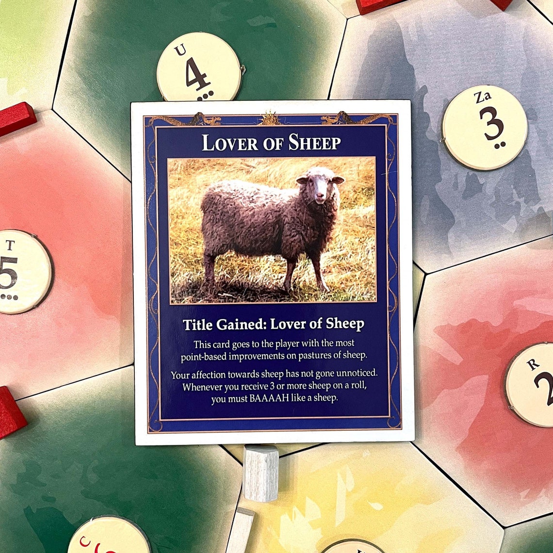 Lover of Sheep Title Gained Card compatible with Catan's Settlers of Catan (4th Edition) and Catan Expansions