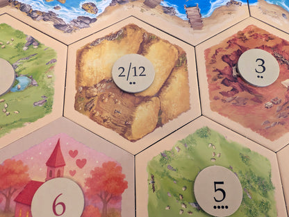 Replacement Number Tokens with Roll Chance Indicator compatible with Catan's Settlers of Catan 5-6 Player Extension
