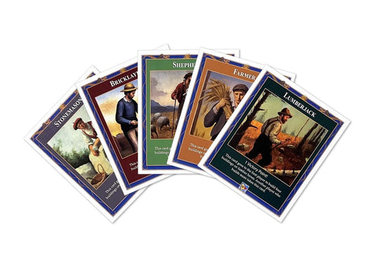 Professions Victory Point Cards, Bricklayer, Stonemason, Farmer, Shepherd, Lumberjack, compatible with Catan's Settlers of Catan 4th Edition, Seafarers and Catan Expansions