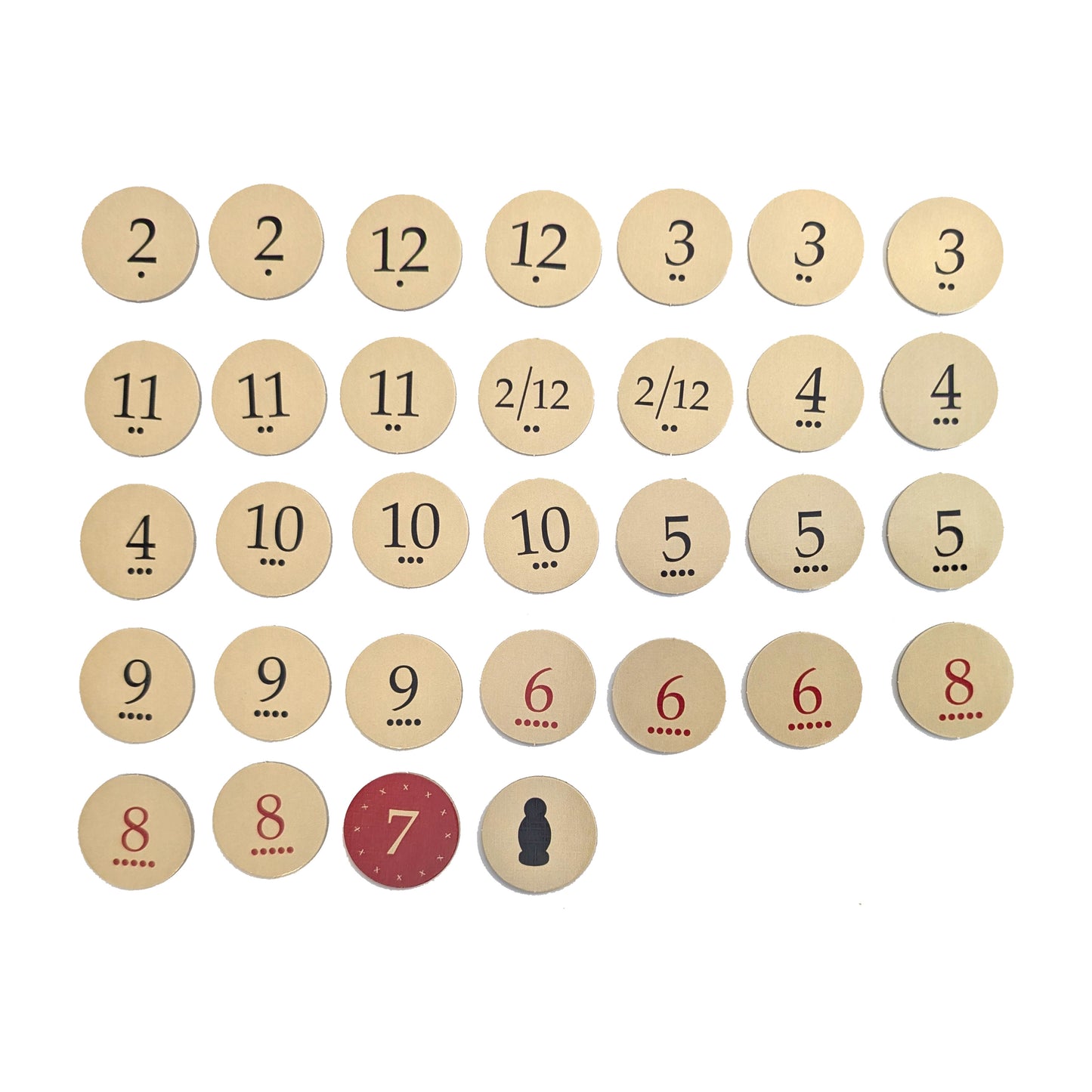 Replacement Number Tokens with Roll Chance Indicator compatible with Catan's Settlers of Catan 5-6 Player Extension