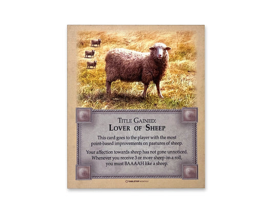 Lover of Sheep Title Gained Card compatible with Catan's Settlers of Catan and Catan Expansions