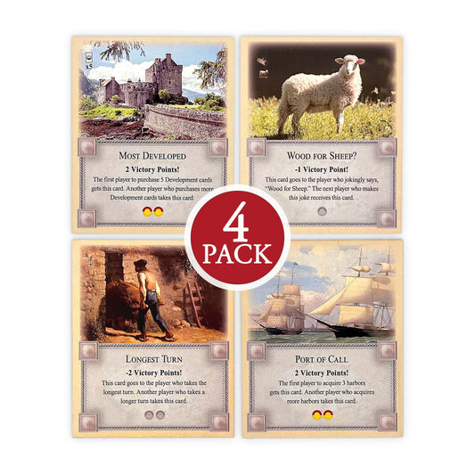 4-Pack Bonus Cards: Longest Turn, Wood for Sheep, Most Developed and Port of Call compatible with Catan's Settlers of Catan and Expansions