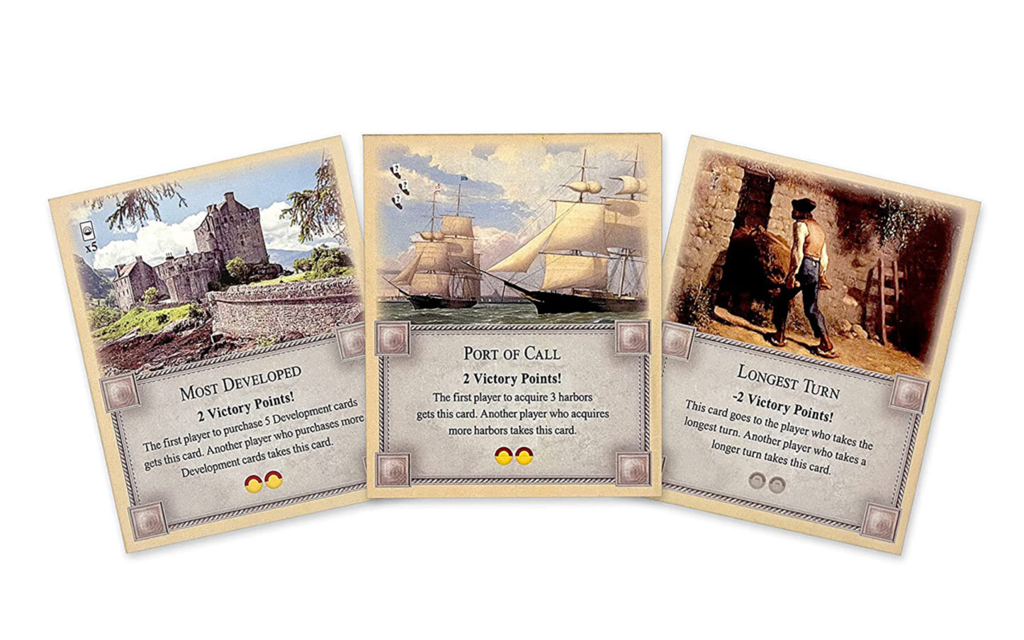 3-Pack Bonus Cards: Longest Turn, Port of Call and Most Developed compatible with Catan's Settlers of Catan and Catan Expansions