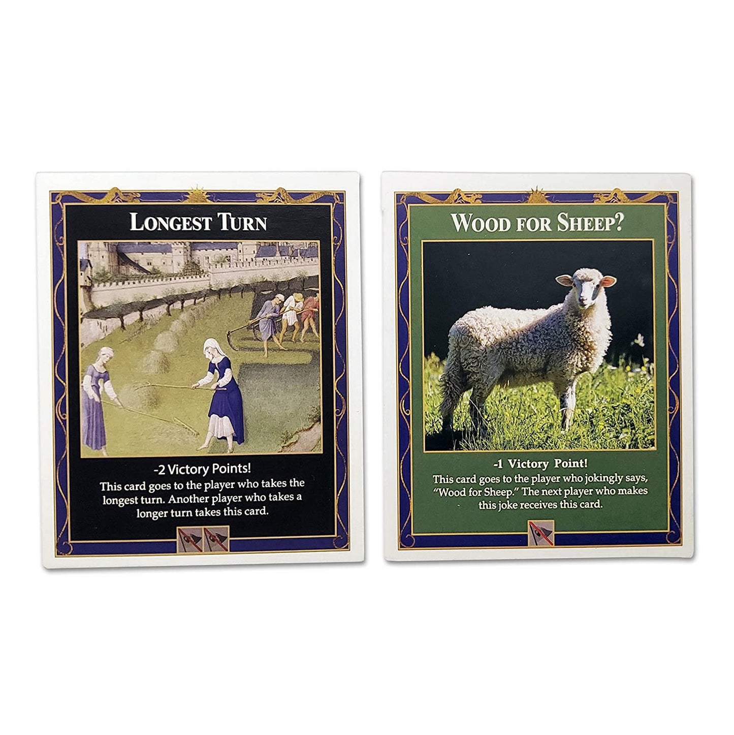 Longest Turn and Wood for Sheep Penalty Cards compatible with Catan's Settlers of Catan (4th Edition), Seafarers and Catan Expansions
