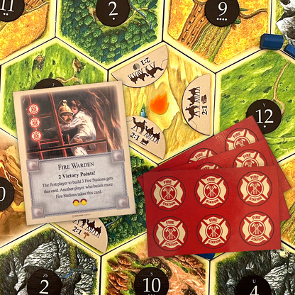 Firestorm Wildfire Scenario Card, Meeple and Game Pieces for 3-4, or 5-6 Players, compatible with Catan's Settlers of Catan and Catan Expansions