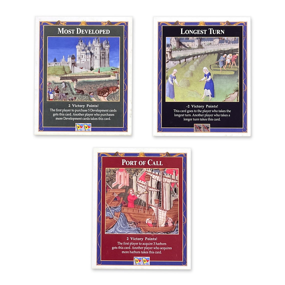 3-Pack Bonus Cards: Longest Turn, Port of Call and Most Developed compatible with Catan's Settlers of Catan (4th Edition) and Catan Expansions