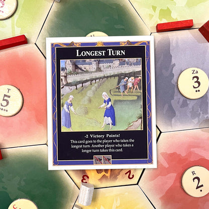 Longest Turn Card compatible with Catan's Settlers of Catan (4th Edition), Seafarers, Cities and Knights and Catan Expansions